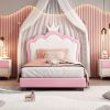 Twin size Upholstered Princess Bed With Crown Headboard, Full Size Platform Bed with Headboard and Footboard ,White + Pink