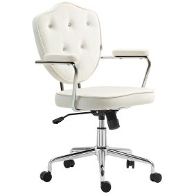 HOMCOM Cute Home Office Chair, Computer Desk Chair with Button Tufted Velvet-Feel Fabric, Swivel Vanity Chair, Cream White