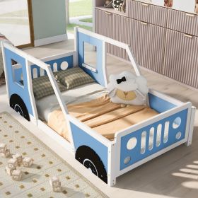 Twin Size Classic Car-Shaped Platform Bed with Wheels, Blue