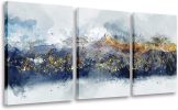 Abstract Wall Art, Navy Blue and Gold Mountain, Watercolor Pictures Wall Decor 3 Piece