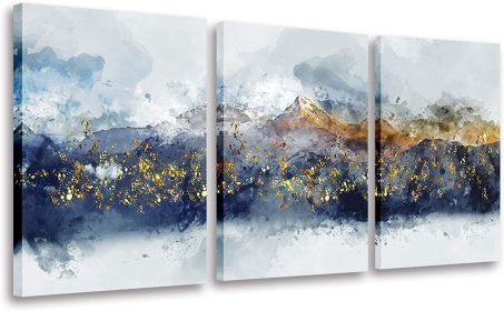 Abstract Wall Art, Navy Blue and Gold Mountain, Watercolor Pictures Wall Decor 3 Piece