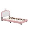 Twin size Upholstered Princess Bed With Crown Headboard, Full Size Platform Bed with Headboard and Footboard ,White + Pink