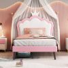 Twin Size Upholstered Princess Bed With Crown Headboard and 2 Drawers,Twin Size Platform Bed with Headboard and Footboard,White+Pink