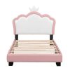 Twin size Upholstered Princess Bed With Crown Headboard, Full Size Platform Bed with Headboard and Footboard ,White + Pink