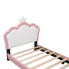 Twin size Upholstered Princess Bed With Crown Headboard, Full Size Platform Bed with Headboard and Footboard ,White + Pink