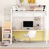 Full Size Metal Loft Bed with Desk, Storage Staircase and Small Wardrobe, Storage stairs can be installed left and right, White