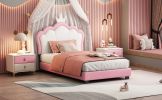 Twin size Upholstered Princess Bed With Crown Headboard, Full Size Platform Bed with Headboard and Footboard ,White + Pink