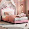 Twin size Upholstered Princess Bed With Crown Headboard, Full Size Platform Bed with Headboard and Footboard ,White + Pink