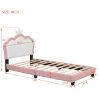 Twin size Upholstered Princess Bed With Crown Headboard, Full Size Platform Bed with Headboard and Footboard ,White + Pink