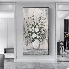 Handmade Oil Painting Abstract White Floral Vase Palette Knife Textured Oil Painting Modern Art On Canvas Grey Wall Art Foe Home Decor (Style: 1, size: 40x80cm)
