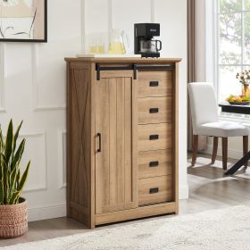 Tall Modern Farmhouse Dresser w/Sliding Barn Door, 5 Chest of Drawers, Storage Organizer (Material: MDF+Metal, Color: Oak)