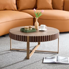 Modern Handcraft Drum Coffee Table 31.5 inch Round Coffee Table for Living Room,Small Coffee Table with Sturdy Pedestal (Material: MDF+Metal, Color: Walnut)